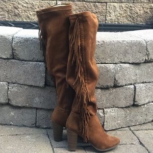 Over the knee fringe faux suede boots